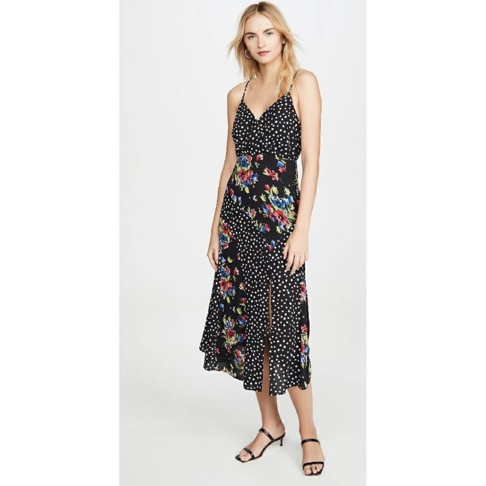 Likely Saige Floral & Polka Dot Slip Dress Black Multi Size 2 Surplice Neck